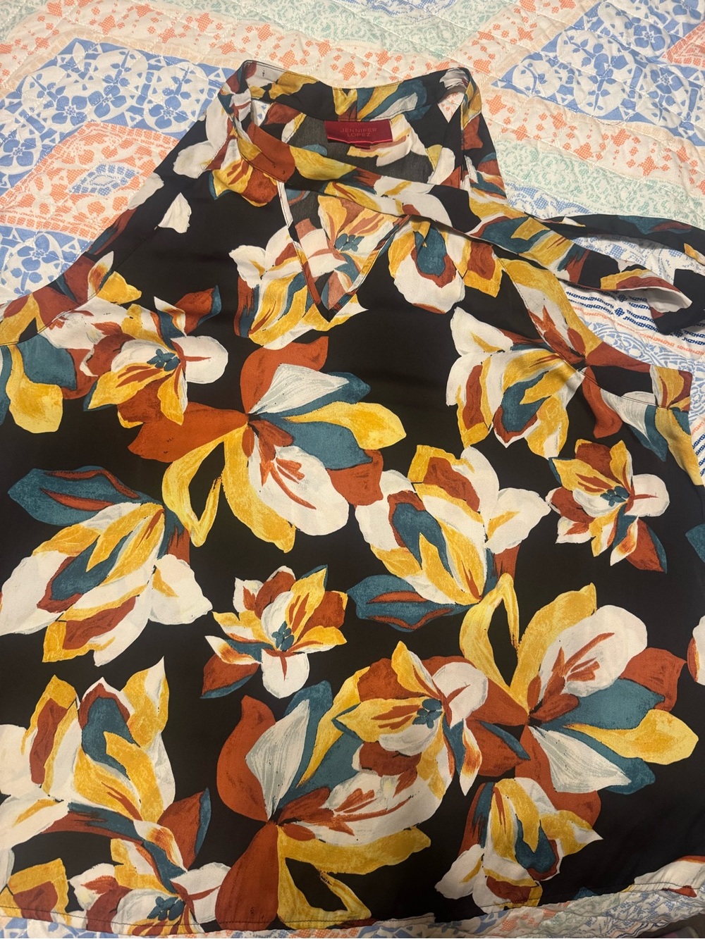 Jennifer Lopez Black Floral Halter Top with Yellow, Teal & Rust Blooms